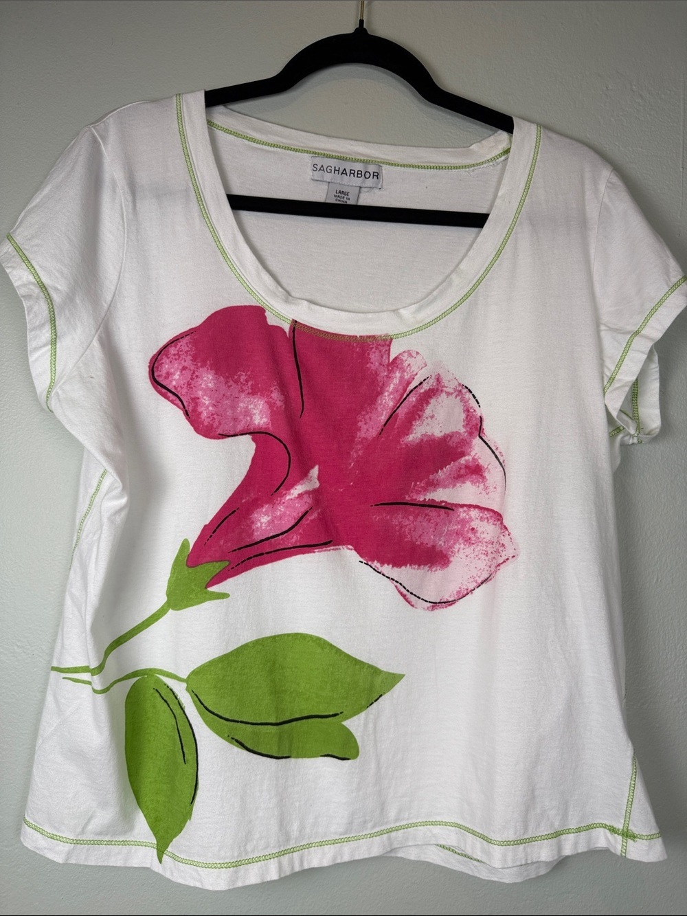 ✨Vintage Sag Harbor Floral Graphic Tee White Pink Hibiscus Size Large GUC